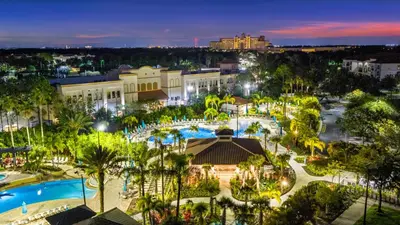 an aerial view of a resort at night at 210 Disney Universal Convention Center in Orlando