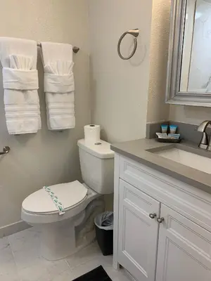 a bathroom with a toilet and a sink and towels at 18-Universal and Heart of International Dr in Orlando