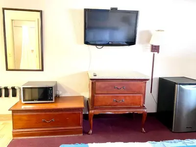 a room with a television and a dresser with a microwave at REGENCY INN in Orlando