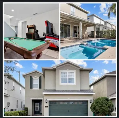 a collage of pictures of a house and a pool at 320 Pet Friendly 6BD Villa - PoolSpa in Orlando