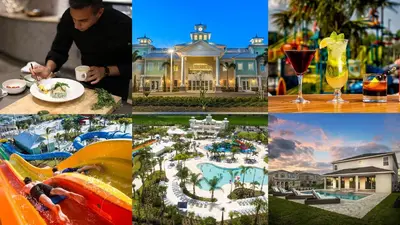 a collage of pictures of a resort at Spacious Home With Game Room, Private Pool And Waterpark & Resort Access Near Disney At Encore Resorts Reunion - 241Sf in Kissimmee