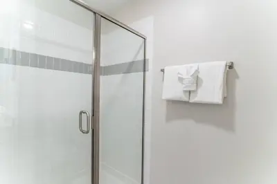 a shower with a glass door and a towel at 4013 Vista Cay in Orlando