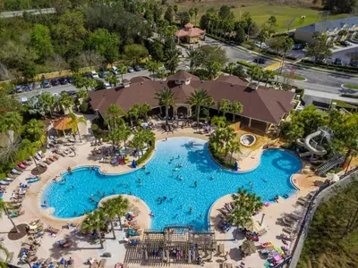 an overhead view of a pool at a resort at Ohana House at Windsor Hills, Disney World Luxury Rental in Orlando