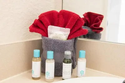 a bathroom counter with three bottles of soap and a mirror at Magical Adventure Condo w Waterpark near Disney No Resort Fees in Orlando