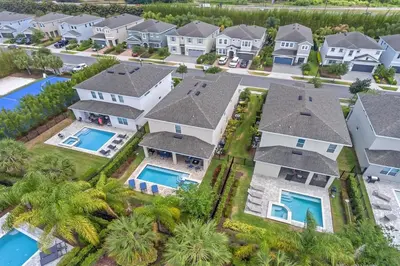 an aerial view of a row of houses at 371P Fabulous 8 BD Private PoolSpa- By Disney in Orlando