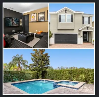 a collage of three pictures of a house at 371P Fabulous 8 BD Private PoolSpa- By Disney in Orlando