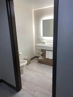 a bathroom with a toilet and a sink at Wyndham Garden Orlando Airport - Free Airport Shuttle in Orlando
