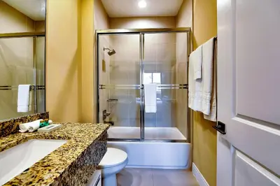 a bathroom with a shower and a toilet and a sink at Beautiful Townhome Overlooking The Lake And The Pool in Orlando