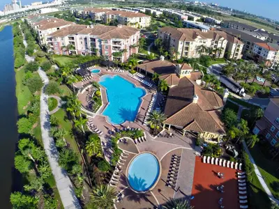an aerial view of a resort with a swimming pool at Spacious 2BR 2BA with Balcony 5 Mins to Convention Center & Epic Universe in Orlando