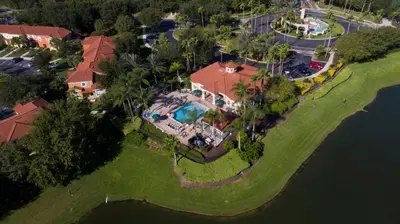 an overhead view of a house with a swimming pool at 3Br 3Bath Private Townhome 10min Disney 1270ft in Kissimmee