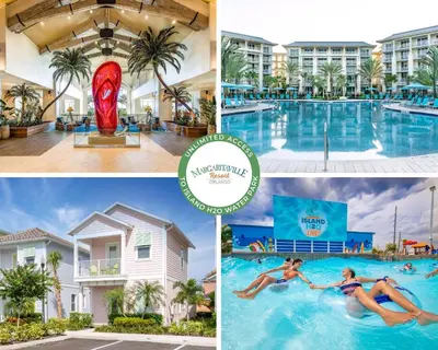a collage of photos of a pool at a resort at Delightful Cottage Near Disney With Margaritaville Resort & Island H20 Waterpark Access - 2956Sr in Orlando