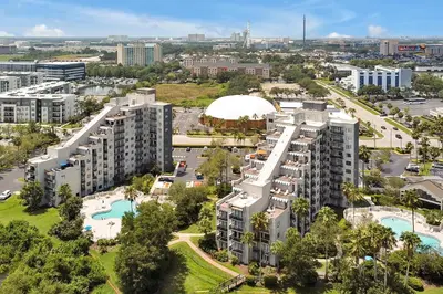 an aerial view of a city with buildings at Cozy Condo on International Dr. Near Universal Studios in Orlando
