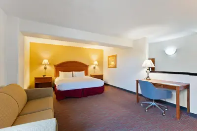 a hotel room with a bed and a desk at Orlando Palms in Orlando