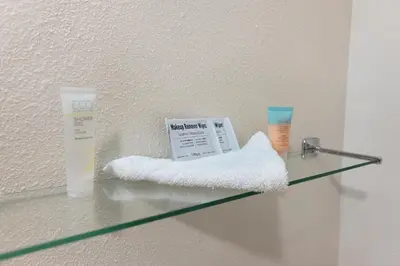 a glass shelf with towels and a tube of toothpaste at Orlando Palms in Orlando