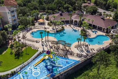 an overhead view of a pool at a resort at 3 bedroom Disney Condo Windsor Hills in Orlando