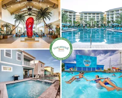 a collage of photos of a pool at a hotel at Blue Sky Cottage Near Disney With Private Pool & Margaritaville Resort And Island H20 Waterpark Access - 2912Sr in Orlando