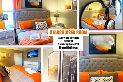 a collage of pictures of a bedroom with a bed at Happiest House on Earth near Disney World 9 Bedroom, Pool, Theater, Gameroom, Mickey Bunk room with Twisty Slide in Storey Lake in Kissimmee