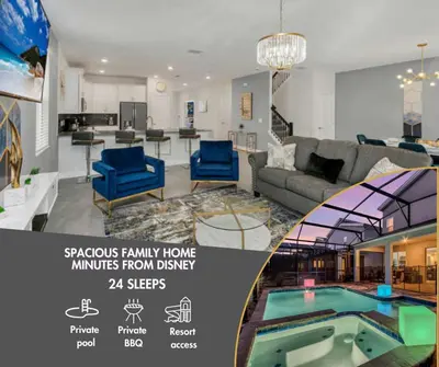 a picture of a living room with a pool at Amazing Family Home 8min Disneyworld Pool/Spa Sleeps 24 in Kissimmee