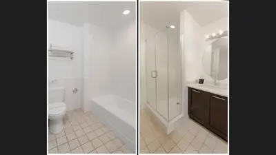 two pictures of a bathroom with a toilet and a sink at Hotel Apt at Celebration 10 min from Disney MH225 in Orlando