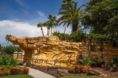 a rock wall with palm trees in the background at 133 Beautiful home with lake view in Kissimmee