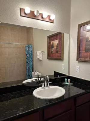 a bathroom with a sink and a large mirror at Gone 2 Florida Vacation Homes in Orlando