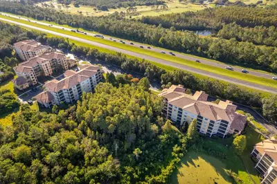 an overhead view of a building and a highway at Pura Vida in Orlando
