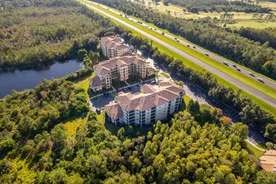 an aerial view of a building next to a river at Pura Vida in Orlando