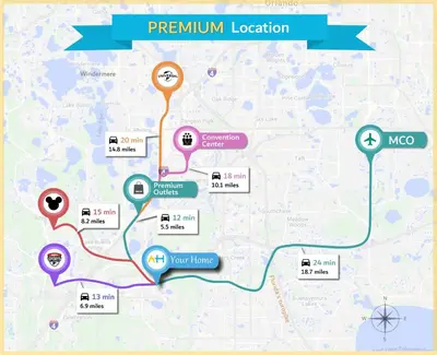 a map of the tram line in prinemuri location at Happy Haven At Storey Lake Resort By Shine Villas #409 in Kissimmee