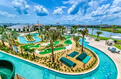 an aerial view of the pool at the resort at Serenity Haven, Bliss, Storey Lake By Shine Villas #701 in Kissimmee