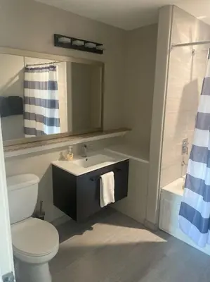 a bathroom with a toilet and a sink and a shower at Lake view condo close to Disney in Orlando