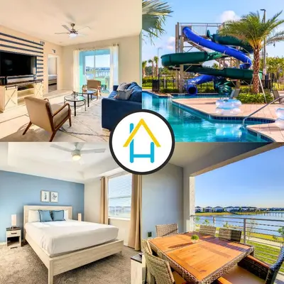 a collage of photos of a house with a water slide at Relaxing Lakeview 2BR Condo with 2 Clubhouses in Kissimmee