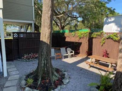 a tree in a yard with a bench and a fence at The Contemporary in Sanford
