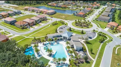an aerial view of a resort with a swimming pool at 6BR Resort Villa Near Disney Private Pool 2584 in Kissimmee
