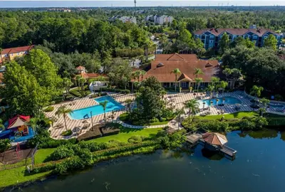 an aerial view of an estate with a pool and a resort at Amazing 3 Bdrm At Encantada- 6 miles from Disney in Kissimmee