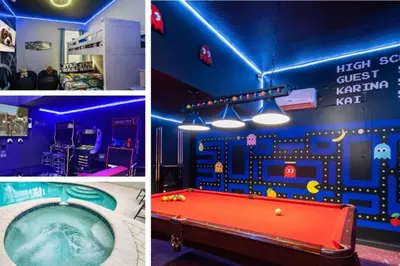 four different pictures of a room with a pool table at Callaghan Cantina home in Orlando