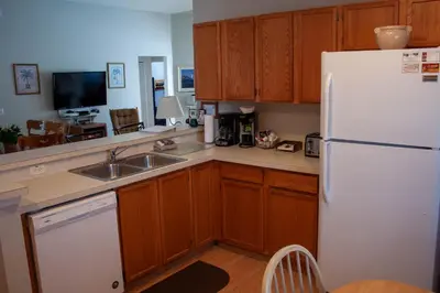 a kitchen with wooden cabinets and a white refrigerator at Florida Escape in Orlando