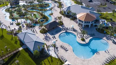 an aerial view of the water park at the resort at Amazing 6br w pvt pool game room near Disney in Kissimmee
