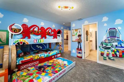 a childs bedroom with a lego theme at Amazing 8br villa w theme rms game room theater in Kissimmee