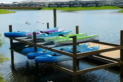 a bunch of boats are lined up at a dock at Lake View - 10 min to Disney Storey Lake Resort in Kissimmee